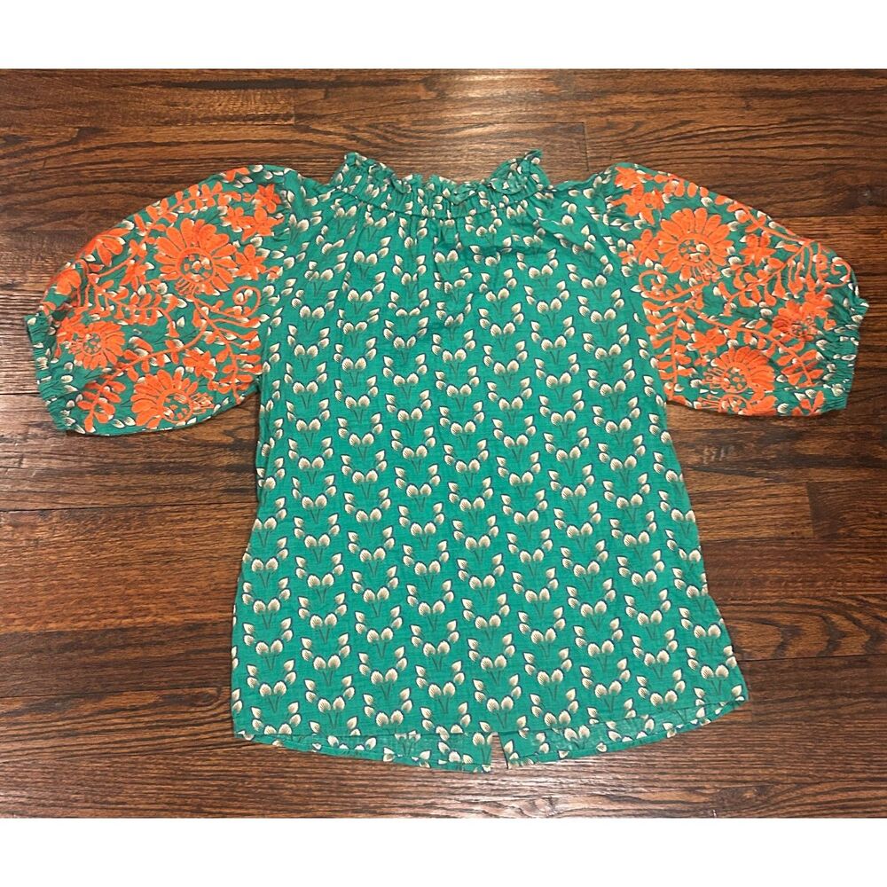 THML Anegada green women's embroidered puffer sleeve top blouse mock neck small - Picture 5 of 6